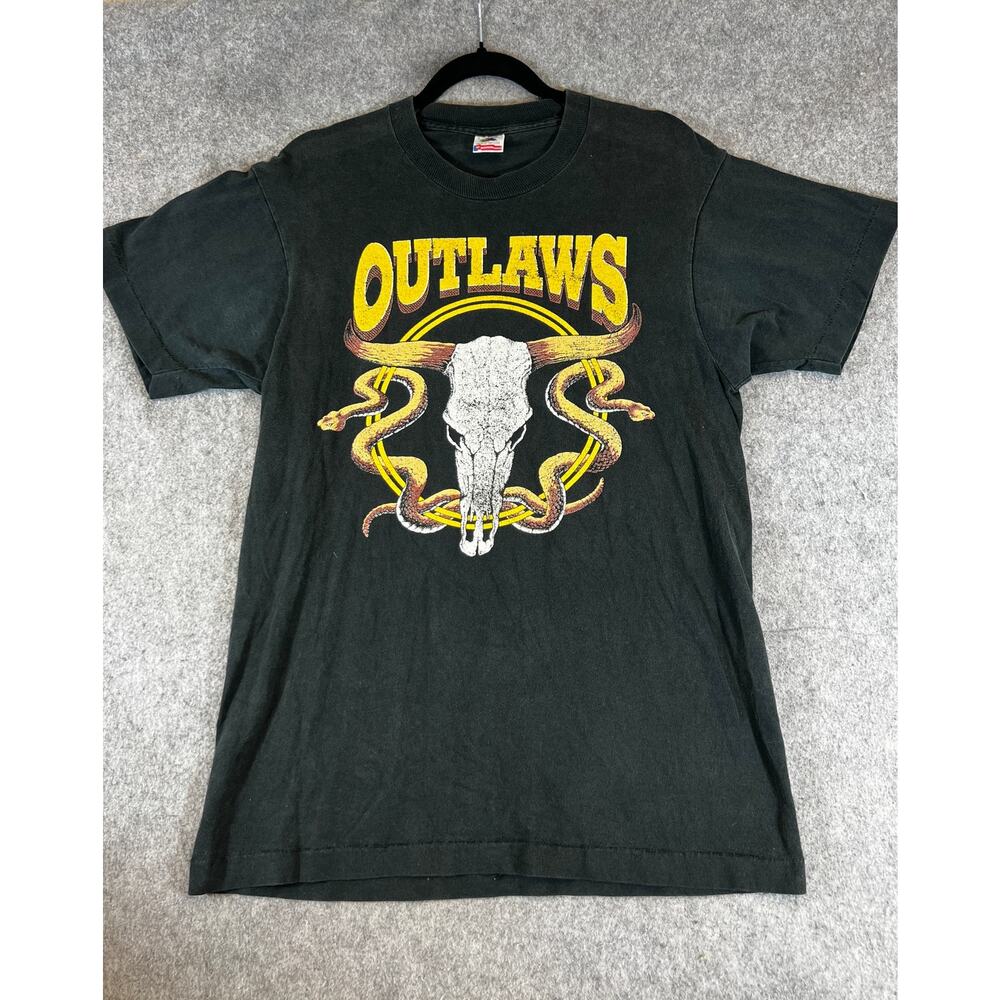 VTG 80s The Outlaws Band T Shirt Mens Large Black Rattler Skull Short Sleeve Tee